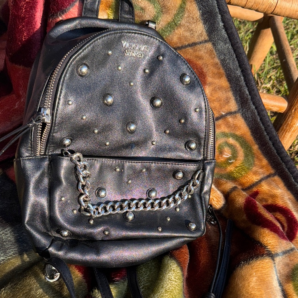 Victoria's Secret Metallic Black Backpack with Studs